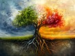 Seasonal Transformation A Vibrant Tree Symbolizing Life s Duality and Cycles