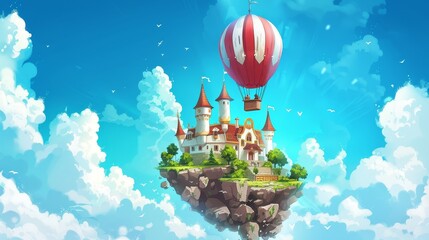 Canvas Print - In the background is a princess on hot air balloon flying toward a magic castle. Beautiful fantasy queen palace and female character. Floating rock island path to jump in the sky to a mansion