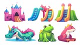 Fototapeta Dinusie - Aquapark water slide modern icon illustration. Cartoon summer bouncy equipment with castle, unicorn, and frog slide.