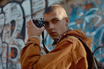 Poster - A man using a camera to take a photo, suitable for photography and technology concepts