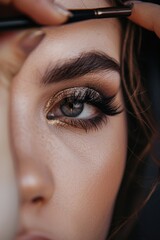 Poster - Close up of a woman's eye with a mascara brush, suitable for beauty and makeup concepts