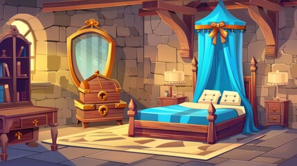 Wall Mural - Modern illustration of medieval castle room with wooden bed decorated with blue canopy and bows, bookcase, mirror on stone wall, treasure chest and bookcase.