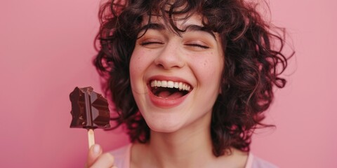 Aufkleber - A woman holding a piece of chocolate on a stick. Suitable for food and dessert concepts