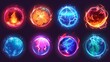 A magic orb ball game icon with fire glow effect. Crystal power sphere and lava fireball with lightning electric element. Neon crystal plasma bubble. Shiny and glowing round abstract collection.
