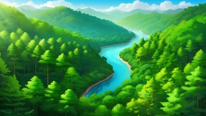 Wall Mural - A lush green forest with a river running through it