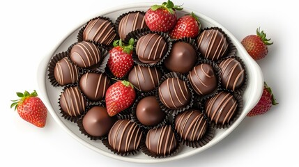 Canvas Print -   A platter holds chocolate-covered strawberries; strawberries nearby are also chocolate-covered