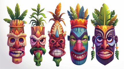 Wall Mural - Masks with toothy mouths isolated on white background. Modern cartoon illustration of tribal wooden totems.