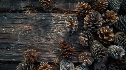 Poster - Pine cones stacked on a rustic table, suitable for autumn and nature themes