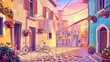 Modern illustration of an old European city at sunset with cobbled roads, a bicycle next to a house, laundry ropes under windows decorated with flowers, pink sky in the background.