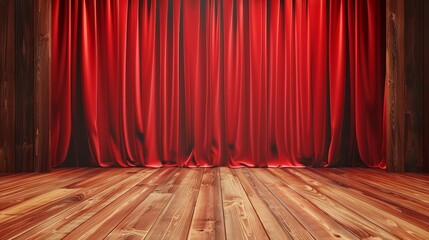 Wall Mural - Stage curtain and wooden floor in red, theater curtain backdrop, opera curtain backdrop, concert grand opening or movie premiere backstage. Portiere for ceremony performance template realistic 3D