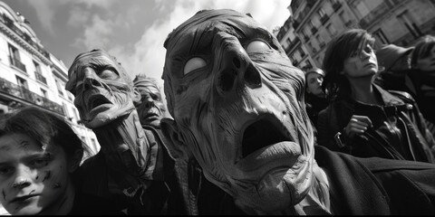 Poster - Black and white photo of people wearing masks, suitable for various themes