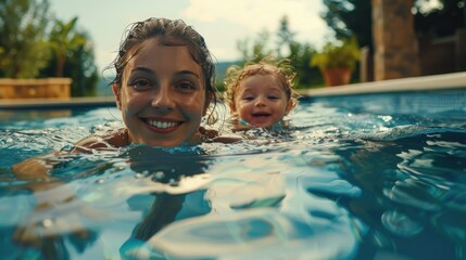 Poster - A woman and a child enjoying a swim in a pool. Suitable for family and leisure concepts