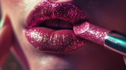 Poster - Close up of a person putting glitter on her lips. Ideal for beauty and makeup concepts