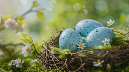 Poster - Three blue eggs in a nest surrounded by moss and flowers, suitable for spring themes