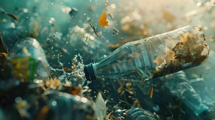 Poster - A water bottle placed on top of a pile of trash. Can be used to highlight environmental issues
