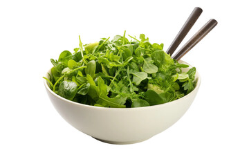 Harvest Harmony: A White Bowl Brimming With Fresh Greens and Two Elegant Spoons. On White or PNG Transparent Background.