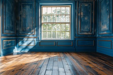Poster - An empty room painted in bright blue with sunlight streaming through the large windows casting shadows on the floor