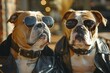 Two bulldogs, one staring off into the distance with a bold attitude, the other turning towards the camera, both looking sharp in sunglasses and leather jackets
