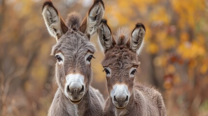 Wall Mural -   Two donkeys stand side by side before a woodland scene Background consists of yellow and orange trees