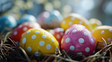 Aufkleber - Brightly colored Easter eggs in a nest, perfect for holiday designs