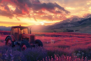 Poster - A tractor driving through a field of purple flowers. Ideal for agricultural or nature concepts