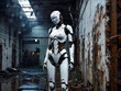 Moderner Roboter in einer zerstörten Fabrik