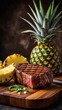 Brazilian churrasco still life, picanha and grilled pineapple, summer mood.