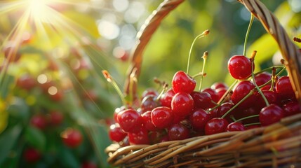 Poster - Fresh cherries in a basket, perfect for summer themes
