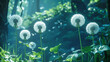 Dandelion Seeds Blowing in the Wind, Close-Up of Fluffy White Heads, Sunny Green Background