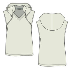 Men sleeveless hooded tshirt front and back view flat drawing vector template
