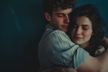 Poster - A man and a woman hugging each other. Suitable for various romantic concepts