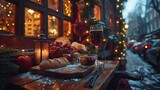 Fototapeta  -   A wooden table, topped with a loaf of bread and a glass of wine, lies beside a window adorned with Christmas lights