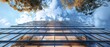 Beautiful morning view of a office building with glass and trees with space for text and a bottom view, Generative AI.