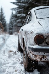 Wall Mural - An old car parked in the snow, perfect for winter themes