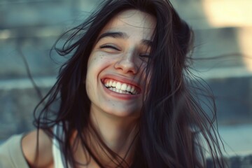 Poster - A woman with long black hair smiling at the camera. Suitable for various commercial and advertising purposes