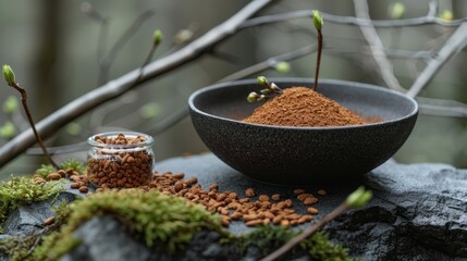 Sticker -   A bowl of soil atop a rock, adjacent to a jar of soil and emerging sprouts