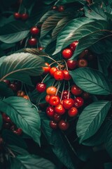 Poster - Fresh cherries hanging from a tree, perfect for summer fruit concepts