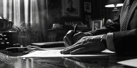 Aufkleber - A man in a suit writing on a piece of paper. Suitable for business concepts