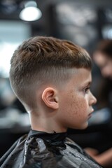 Canvas Print - A young boy getting his hair cut in a salon. Suitable for beauty and lifestyle concepts