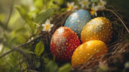 Poster - Three eggs in a nest with a flower in the background. Suitable for Easter or spring-themed designs