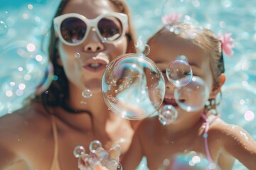 Poster - A woman and a little girl having fun blowing bubbles in a pool. Perfect for family summer activities