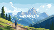 Mountain landscape and a hiker on the gravel road i