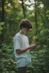Poster - A young man standing in the woods checking his cell phone. Suitable for technology and outdoor concepts