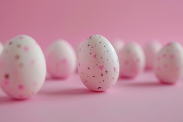 Wall Mural - Group of white and pink speckled eggs on a pink surface. Suitable for Easter and spring-themed designs