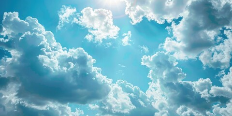 Poster - Bright sun rays breaking through fluffy clouds. Ideal for weather-related designs