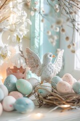 Poster - White bird perched on nest filled with eggs, ideal for nature and wildlife themes