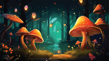 Mystical Garden Of Glowing Mushrooms And Fireflies