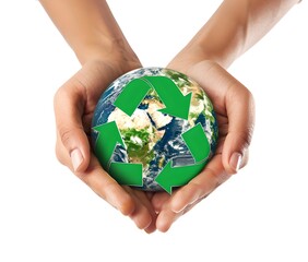 Sticker - Cradling the Earth with Recycling Symbol, Concept of Environmental Protection and Care. Hands Presenting a Greener Future. AI