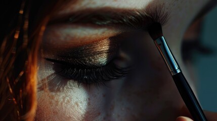 Poster - A close up of a woman's eye with a brush, perfect for beauty and makeup concepts