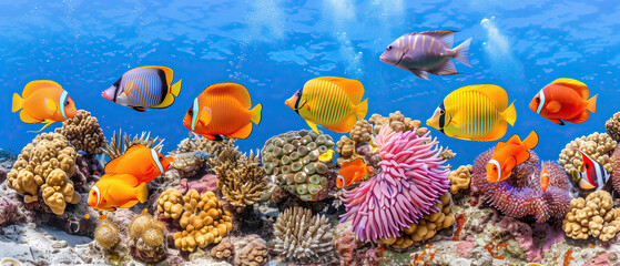Wall Mural - A lively dance: fish ballet over vibrant coral. A diverse group of fish gracefully swim over a stunning coral reef, showcasing a symphony of colors and movements in an underwater paradise